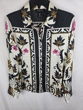 Rachel Zoe Black & White Floral-Print Button Front Satin Blouse Sz S